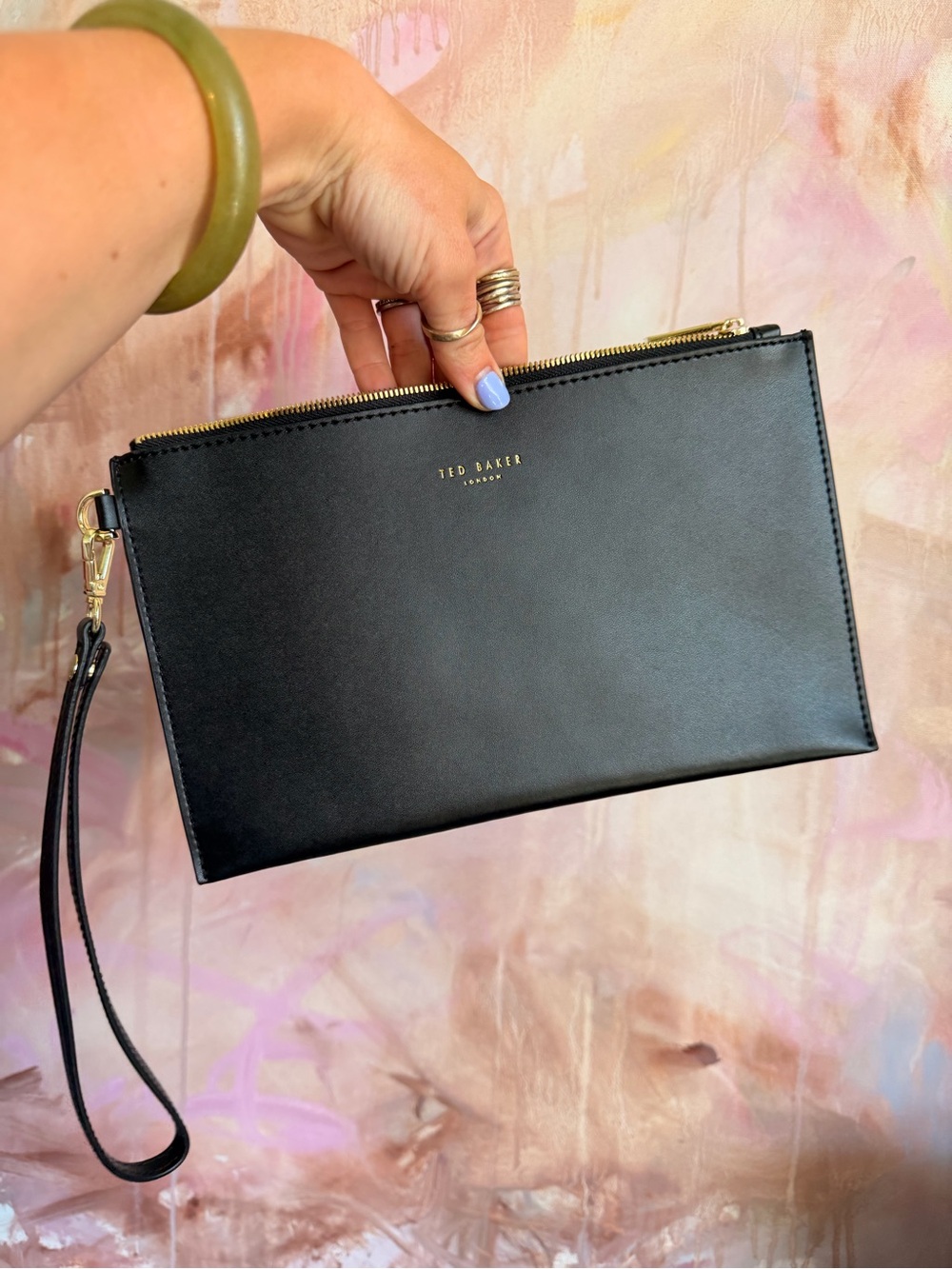 Ted Baker Black Leather Wristlet Clutch with Gold Hardware